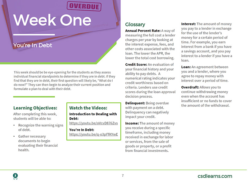 Snapshot of "Week One" Dealing with Debt Page - showing learning objectives, a glossary, and links to resources
