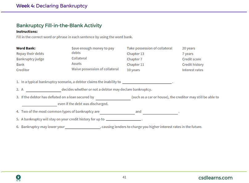 Snapshot of a fill in the blank activity from the Declaring Bankruptcy lesson from Dealing with Debt