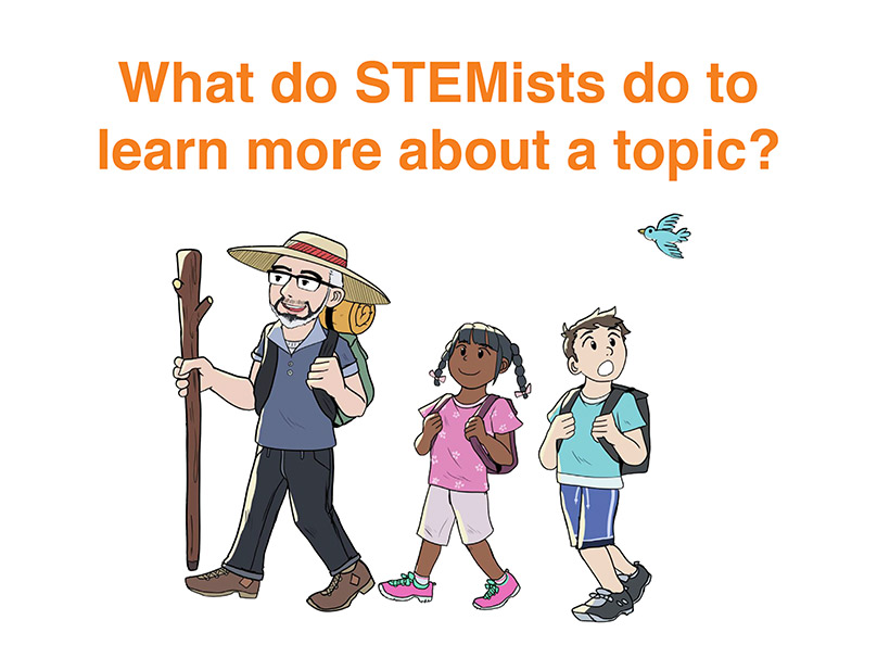 "What do STEMists do to learn more about a topic?" Over a cartoon of a male deaf role model in a sun hat with a walking stick leading two children with backpacks on a walk