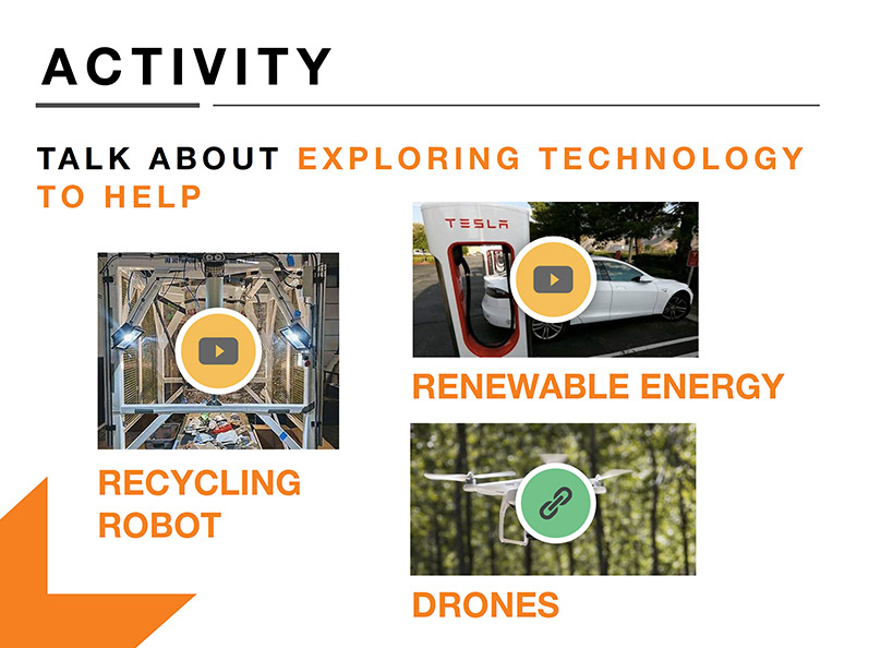 "Activity, Talk about exploring technology to help" With three screenshots. Two videos, one labeled "Recycling Robot" another "renewable energy" and a file labeled "Drones"